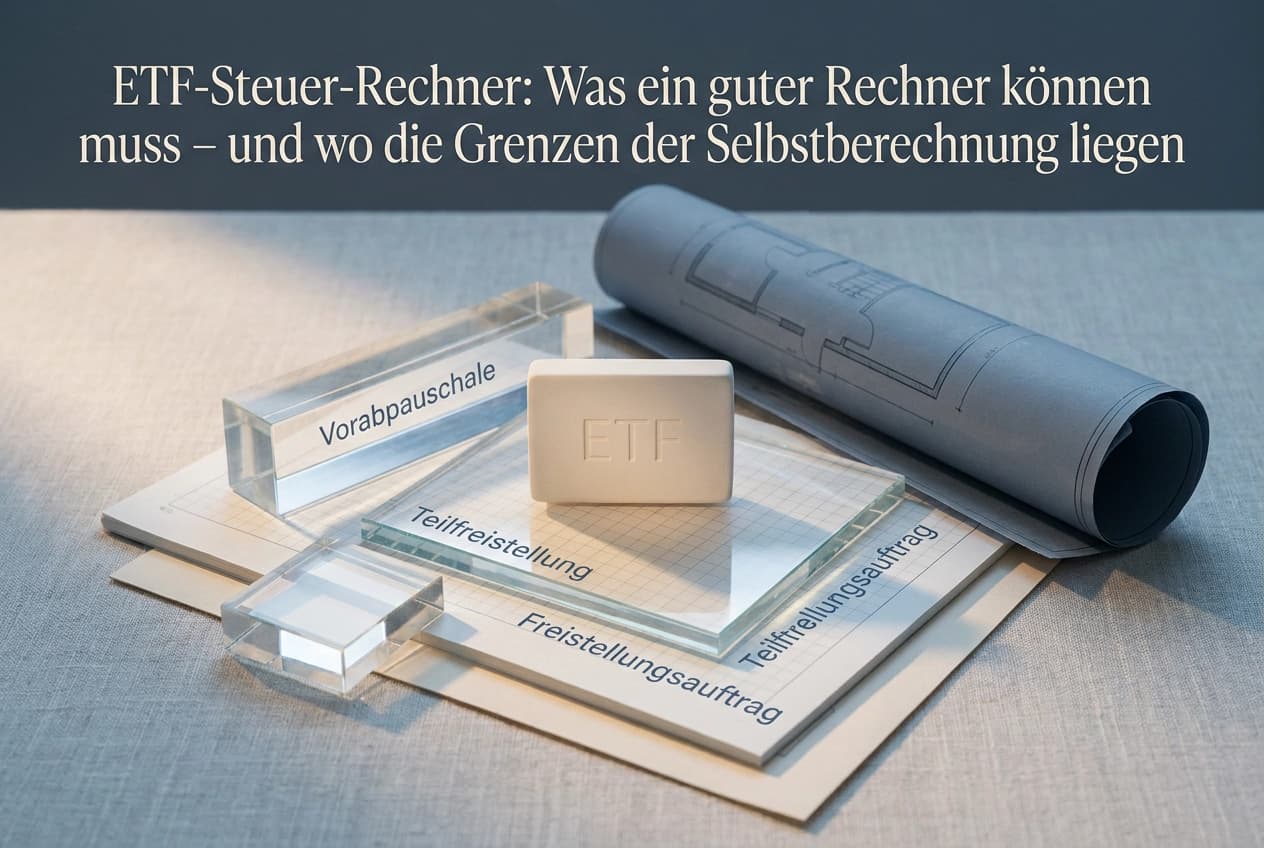Professional header image for educational tutorial: ETF-Steuer-Rechner: Was ein guter Rechner können muss – u...