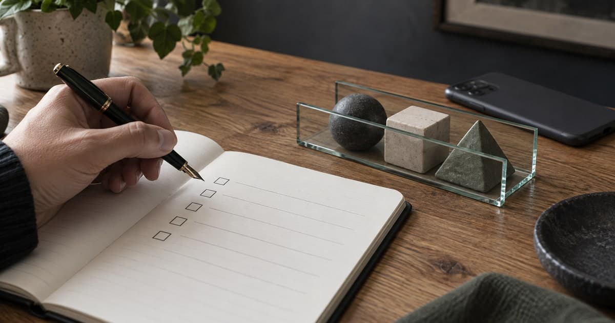 A hand holds a pen above a checklist. Three geometric weights sit between glass guardrails, with an unused smartphone beside them.