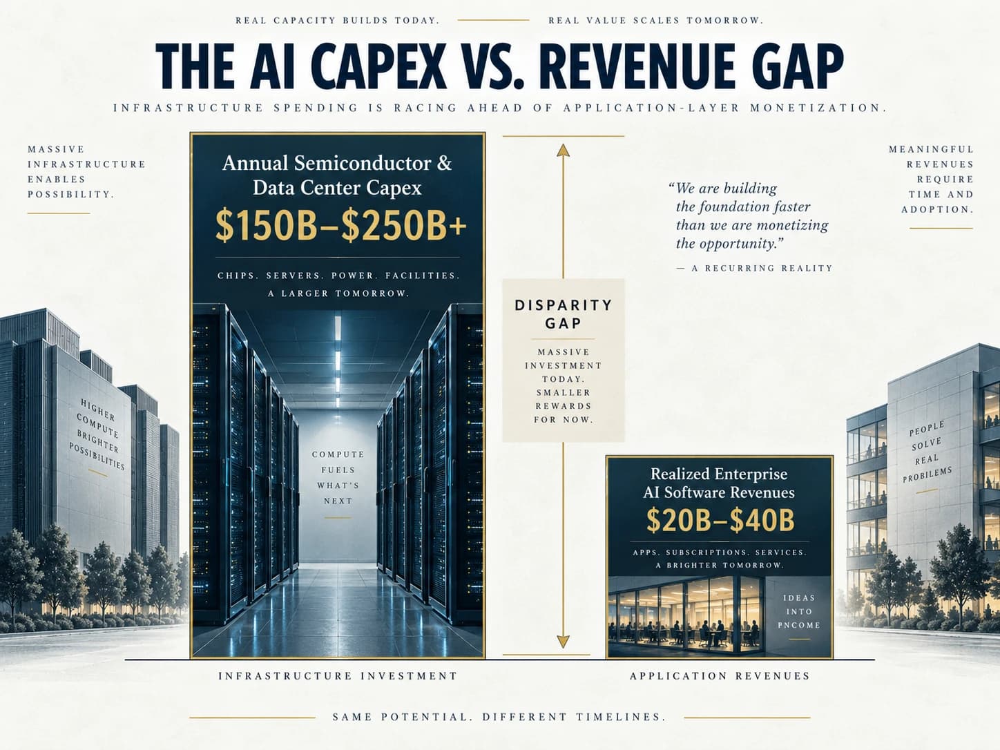 Illustration contrasts the scale and timing of infrastructure investment with application revenue.