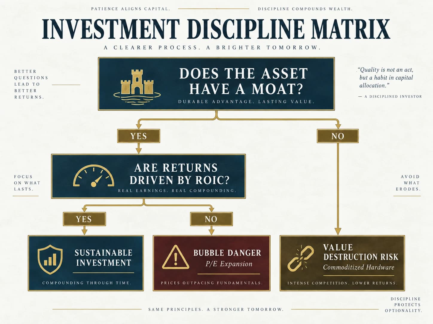Decision tree asks whether a business has a moat and earns returns on invested capital, contrasting durable economics with valuation and competition risks.